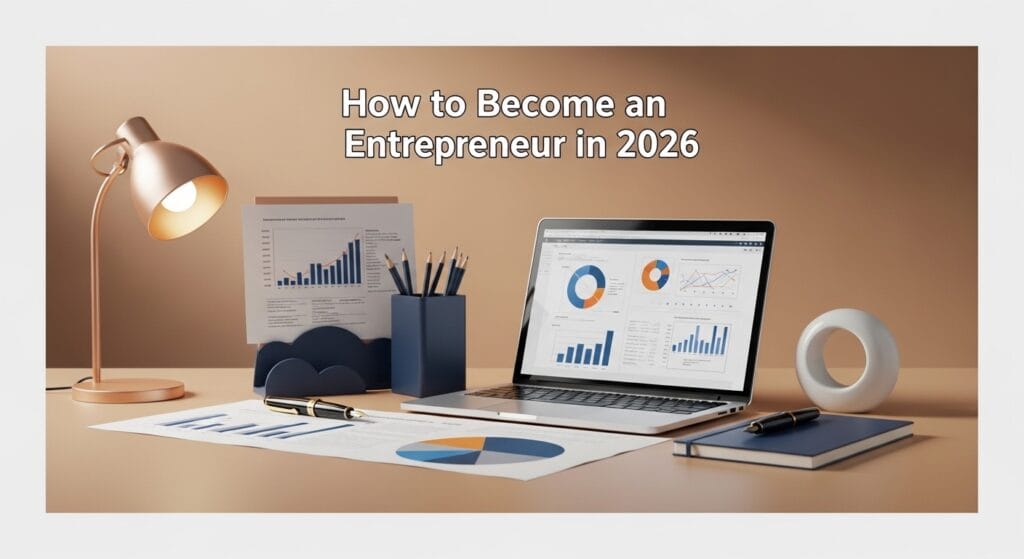 A modern desk setup illustrating How to Become an Entrepreneur in 2026, featuring a laptop with financial dashboards, printed growth charts, professional pens, and a desk lamp, symbolizing data-driven business planning and startup success