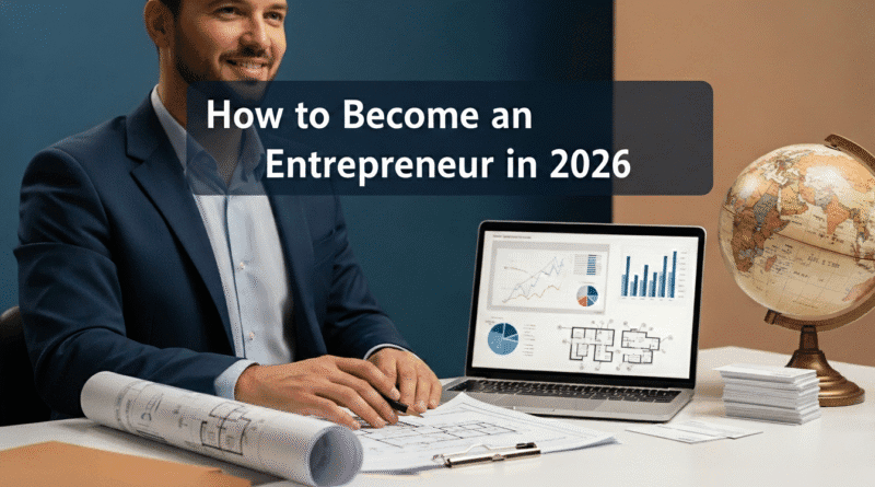 A professional guide on How to Become an Entrepreneur in 2026, featuring a smiling businessman at a desk with architectural blueprints, a laptop showing financial growth charts, and a world globe, symbolizing global business expansion and strategic planning