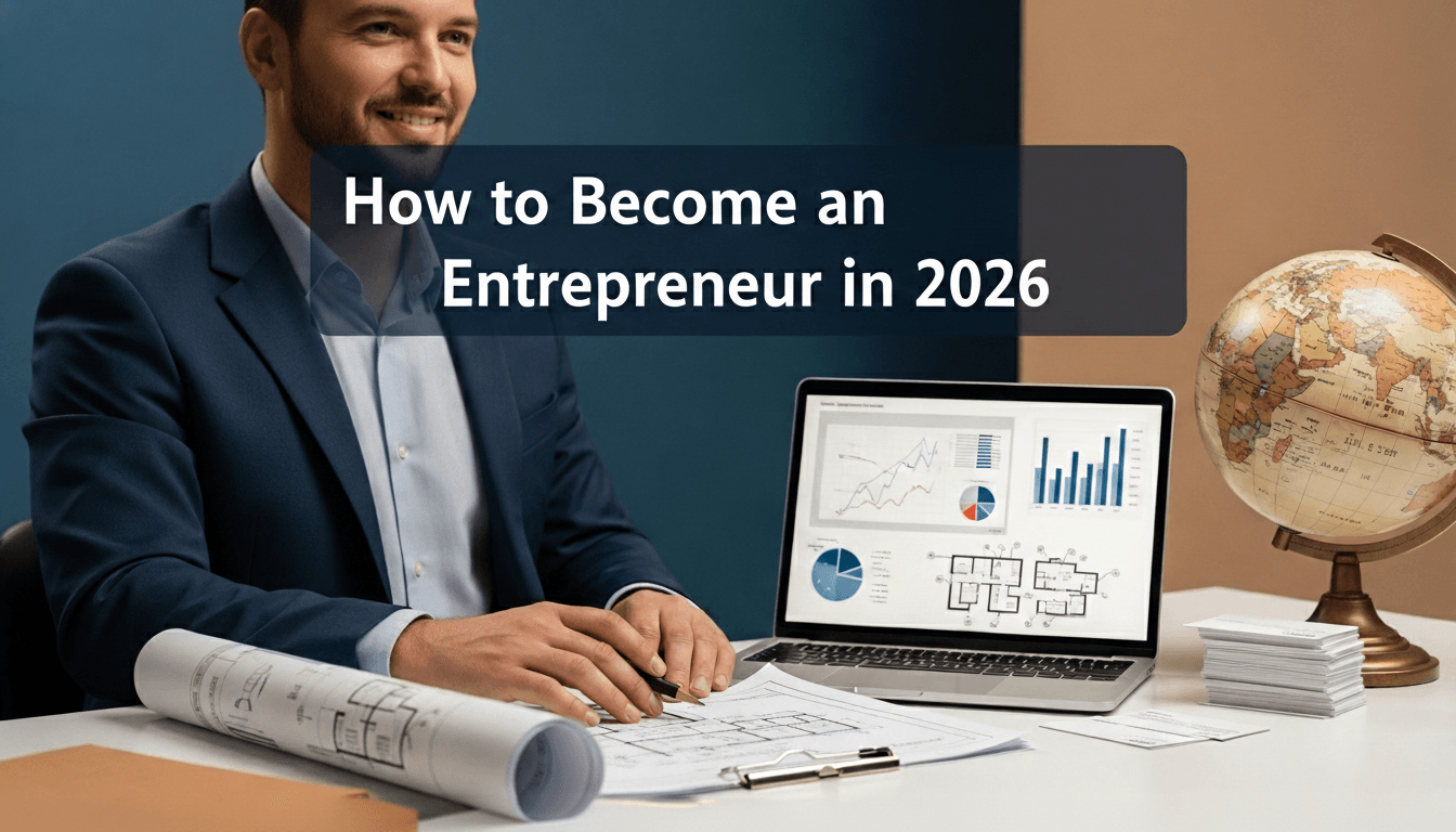 A professional guide on How to Become an Entrepreneur in 2026, featuring a smiling businessman at a desk with architectural blueprints, a laptop showing financial growth charts, and a world globe, symbolizing global business expansion and strategic planning