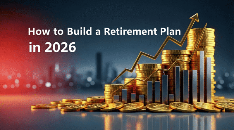 A visualization of How to Build a Retirement Plan in 2026, featuring rising stacks of gold coins, a golden growth arrow, and silver bar charts against a blurred modern city skyline at sunset