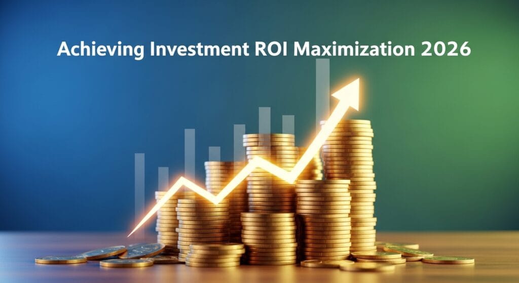 A visual representation of financial growth featuring stacks of gold coins and a glowing upward arrow on a blue background, titled Achieving Investment ROI Maximization 2026