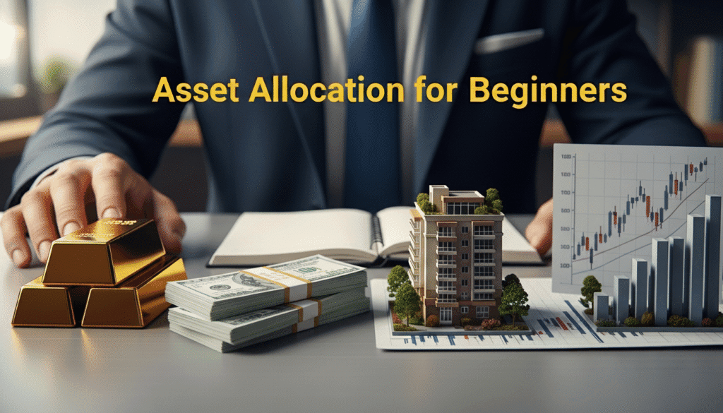 Is the 777 Rule the Ultimate Path to Financial Freedom? A comprehensive guide to Asset Allocation for Beginners, featuring a professional advisor with gold bars, stacks of US dollar bills, a miniature residential building model, and a financial growth chart on a desk