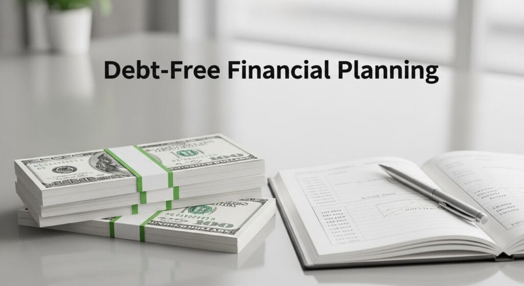 A clean professional setup for Debt-Free Financial Planning, featuring a stack of one hundred dollar bills next to an open financial planner and a silver pen on a reflective desk, symbolizing strategic wealth management and debt elimination in 2026