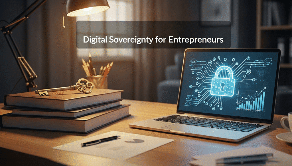 A strategic visualization of Digital Sovereignty for Entrepreneurs in 2026, illustrating how owning data and equity provides a fortress against inflation and global economic shifts
