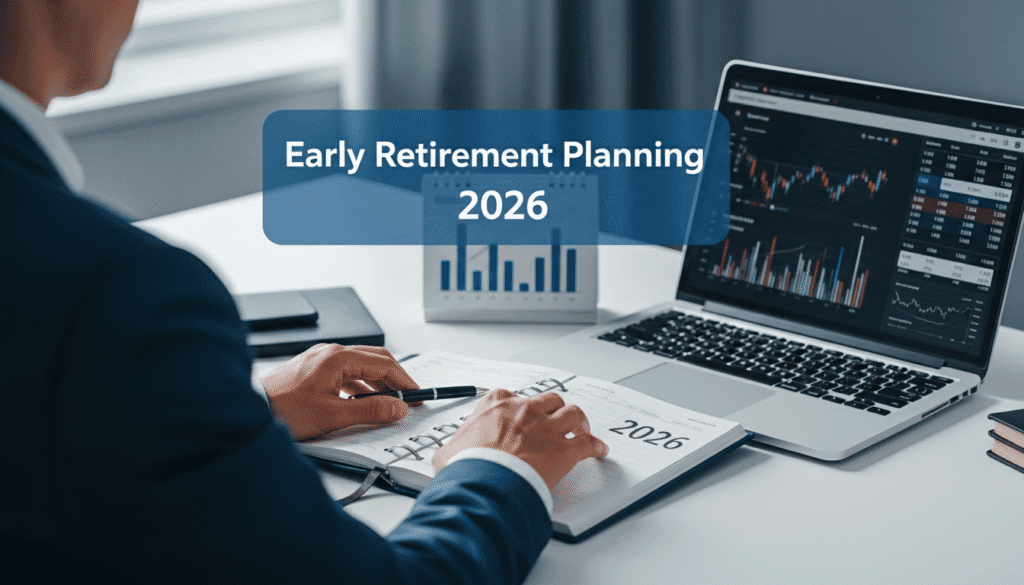 Is the 777 Rule the Ultimate Path to Financial Freedom? A professional advisor conducting Early Retirement Planning 2026, featuring a person writing in a financial planner with a laptop showing real-time stock market growth charts and a desktop calendar