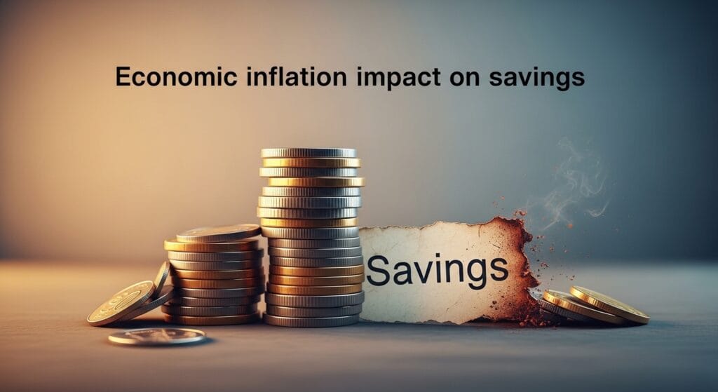 A visual representation of Economic inflation impact on savings, featuring stacks of eroding coins and a burning 'Savings' paper, symbolizing the loss of purchasing power and currency devaluation in 2026