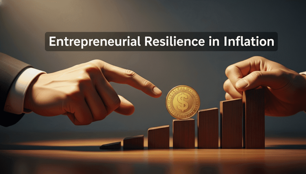 A conceptual illustration of Entrepreneurial Resilience in Inflation 2026, visualizing a golden dollar coin rising on a growth chart as a business leader strategically navigates economic shifts and pricing power