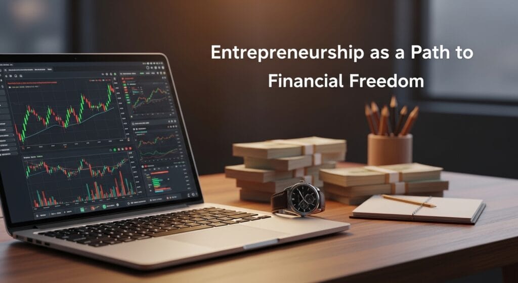 A digital workspace visualizing Entrepreneurship as a Path to Financial Freedom in 2026, featuring a laptop with stock market charts, stacks of cash, a luxury watch, and a notebook on a professional wooden desk