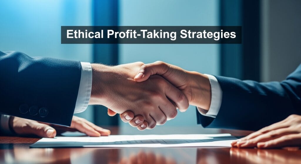 A close-up of a professional handshake between two individuals over a signed agreement, featuring a banner with the text Ethical Profit-Taking Strategies