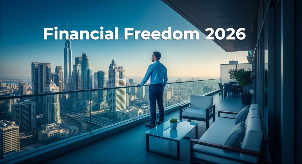 A conceptual vision of achieving Financial Freedom 2026, illustrating a person moving from debt clarity to full economic sovereignty through disciplined auditing and wealth building