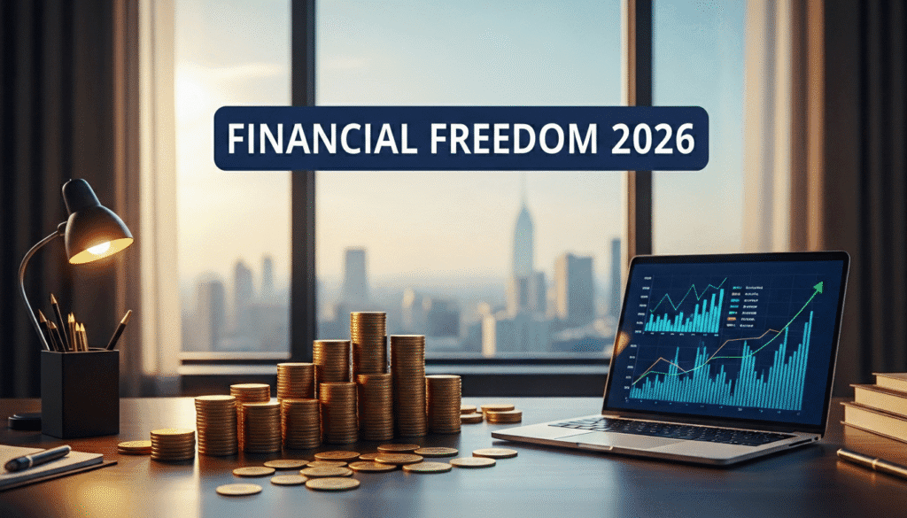 Is the 777 Rule the Ultimate Path to Financial Freedom? A professional workspace for Financial Freedom 2026, featuring stacks of gold coins, a laptop displaying upward growth market charts, and a city skyline view through a window at sunset