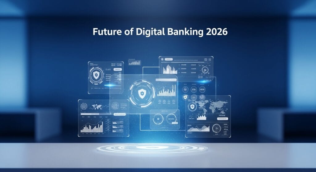 Is the 777 Rule the Ultimate Path to Financial Freedom? A high-tech digital interface showcasing the Future of Digital Banking 2026, featuring cybersecurity shield icons, global financial data maps, and advanced wealth management analytics on a glowing blue futuristic platform