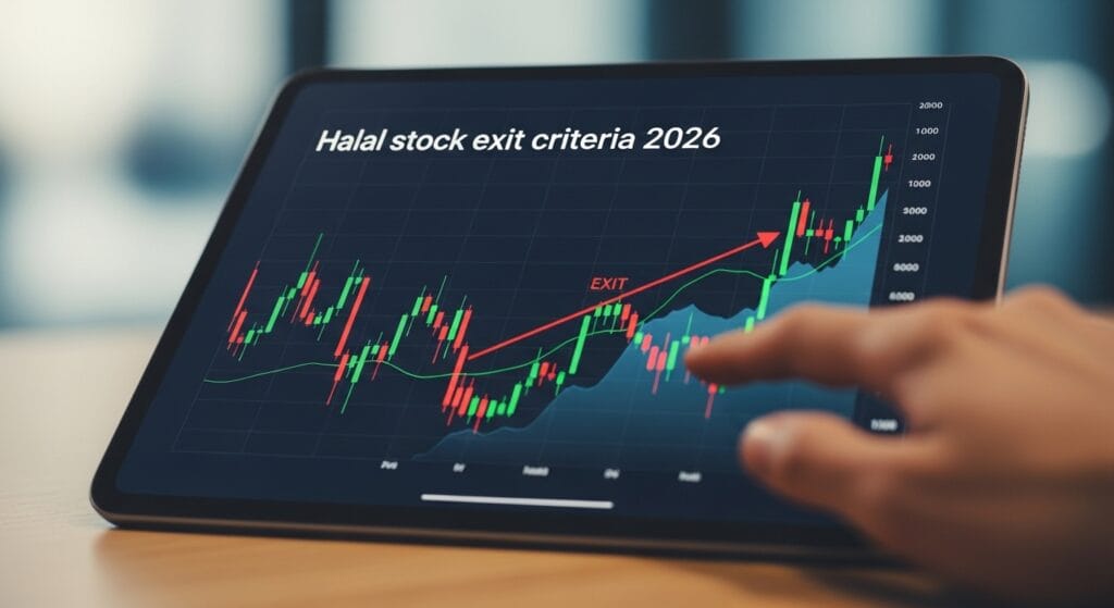 A hand interacting with a tablet displaying an upward-trending green candlestick chart labeled Halal stock exit criteria 2026, featuring a clear EXIT signal on the price line