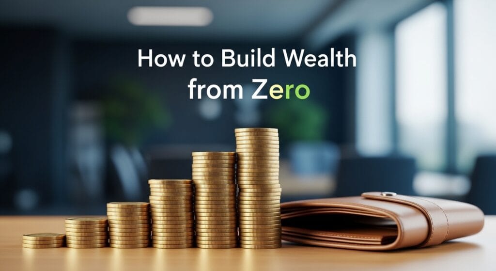 Is the 777 Rule the Ultimate Path to Financial Freedom? A visual guide on How to Build Wealth from Zero, featuring rising stacks of gold coins in an ascending order next to a leather wallet on a wooden desk in a modern office