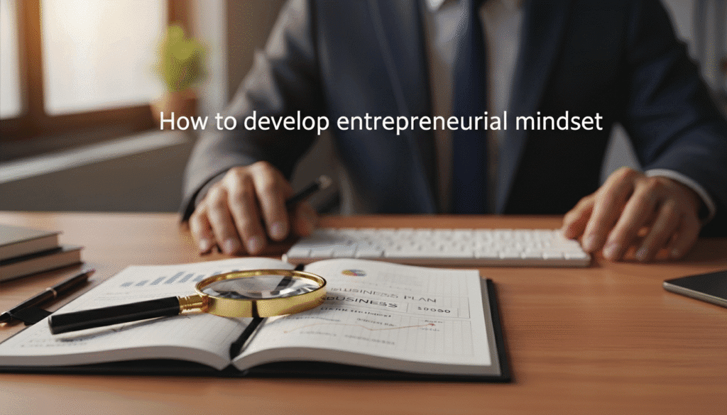 A digital illustration showcasing how to develop entrepreneurial mindset, visualizing a person navigating from employee thinking to proactive asset management in 2026