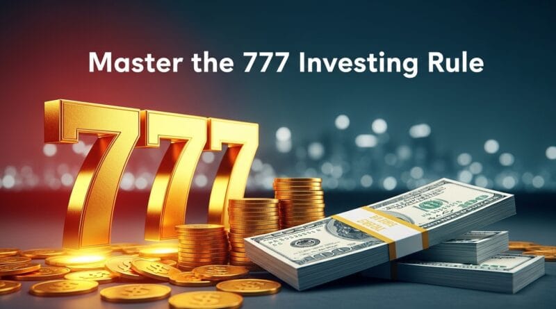 Master the 777 Investing Rule: An infographic with stacks of gold coins, US dollar bills, and glowing gold 777 numbers, illustrating a path to financial freedom
