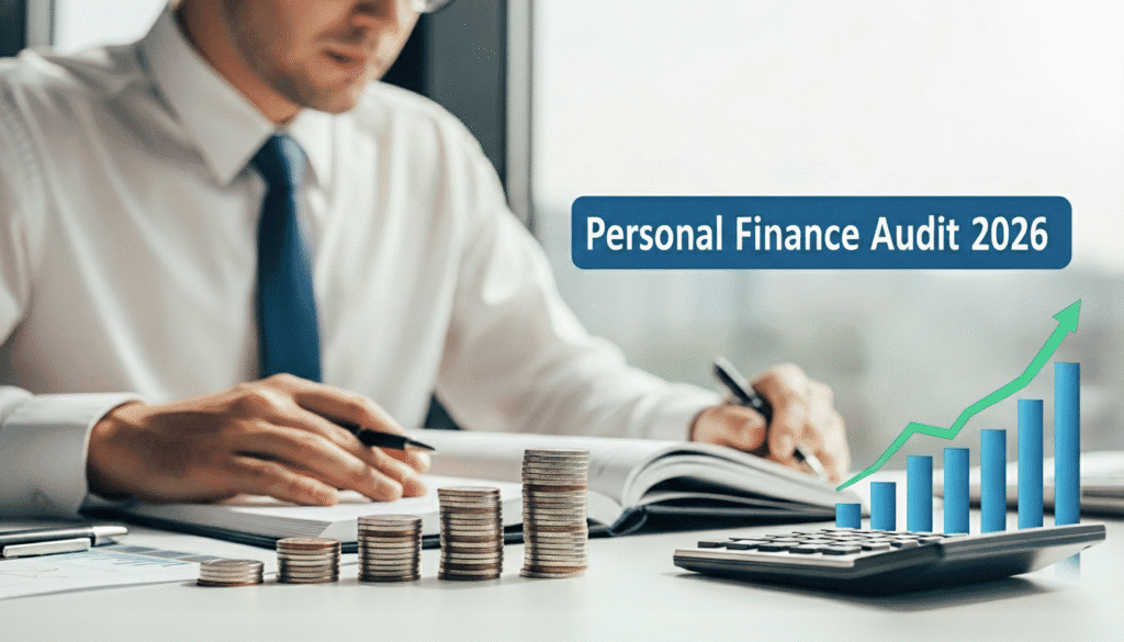A professional accountant conducting a Personal Finance Audit 2026, featuring an upward blue bar chart with a green arrow, stacks of coins, and a calculator on a modern office desk