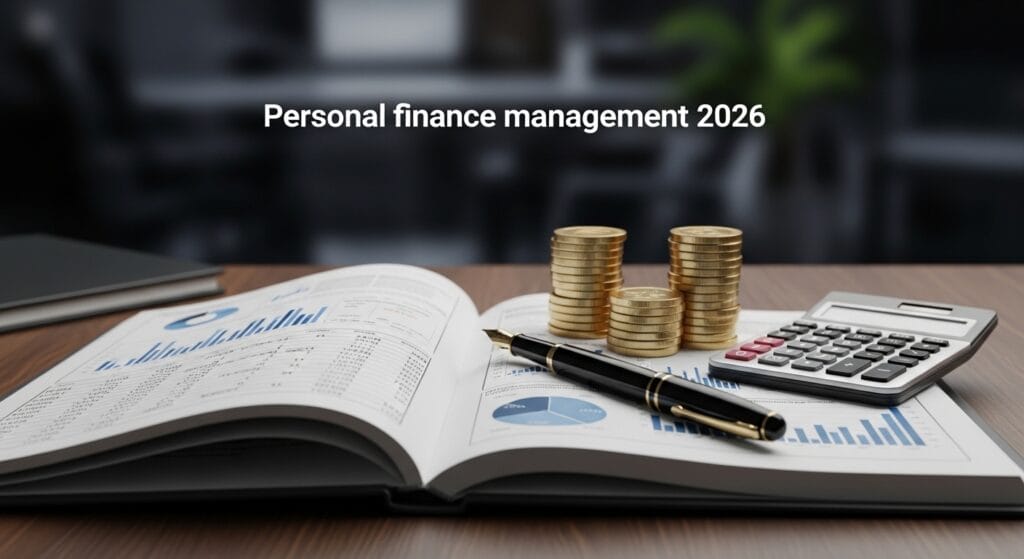 A high-quality image representing Personal finance management 2026, featuring an open financial ledger, a professional pen, a calculator, and stacks of gold coins on a modern wooden desk, symbolizing wealth building and strategic accounting