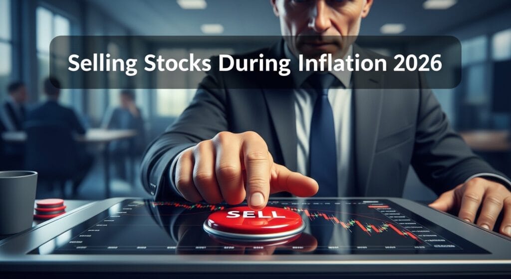 A businessman pressing a red 'SELL' button on a tablet displaying stock market charts, with a background title Selling Stocks During Inflation 2026