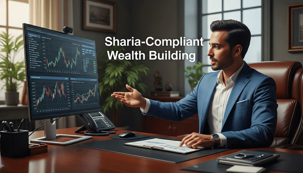 A strategic visualization of Sharia-Compliant Wealth Building in 2026, focusing on debt-free financial planning and asset-backed investments to ensure long-term sovereignty