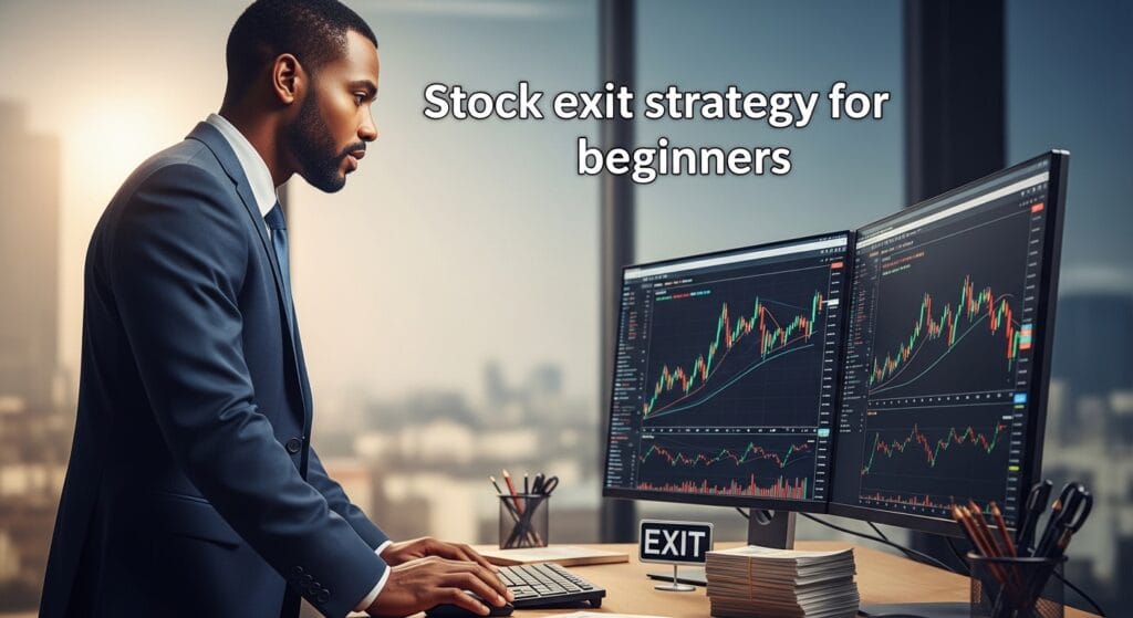 A professional home office setup with multiple monitors displaying stock market candlestick charts and an exit sign, titled Stock exit strategy for beginners