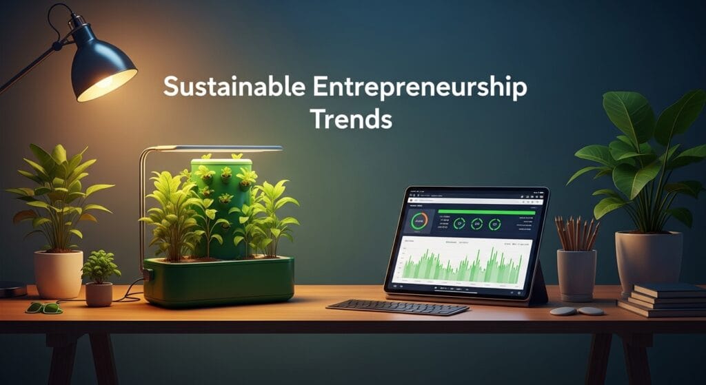A high-tech workspace showcasing Sustainable Entrepreneurship Trends in 2026, featuring an indoor hydroponic garden alongside a tablet displaying green energy analytics and sustainable business growth charts