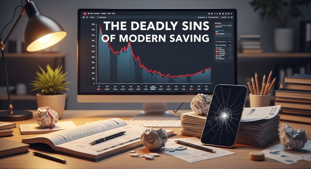 A dramatic visualization of Common Money Saving Mistakes, featuring a cluttered desk, a broken-screen smartphone, and a computer monitor showing a severe downward financial trend graph with the overlay text: The Deadly Sins of Modern Saving
