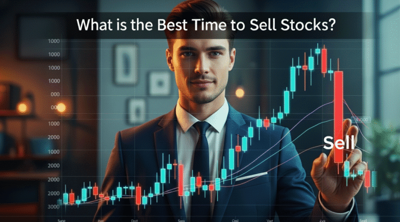 A focused financial analyst pointing to a peak on a dynamic stock market candlestick chart, illustrating the critical timing of a Stock Sell Signal in 2026, with the title What is the Best Time to Sell Stocks?