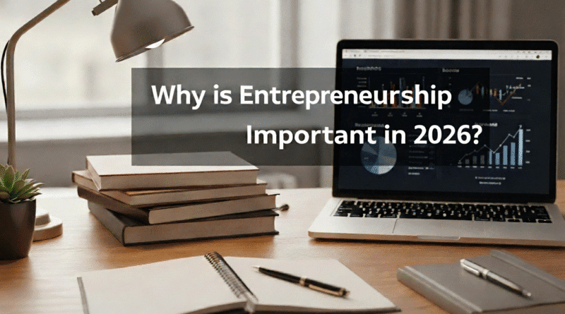 A professional workspace illustrating Why is Entrepreneurship Important in 2026, featuring a laptop with data analytics, a stack of books, a notebook, and a desk lamp, symbolizing modern business planning and strategic growth